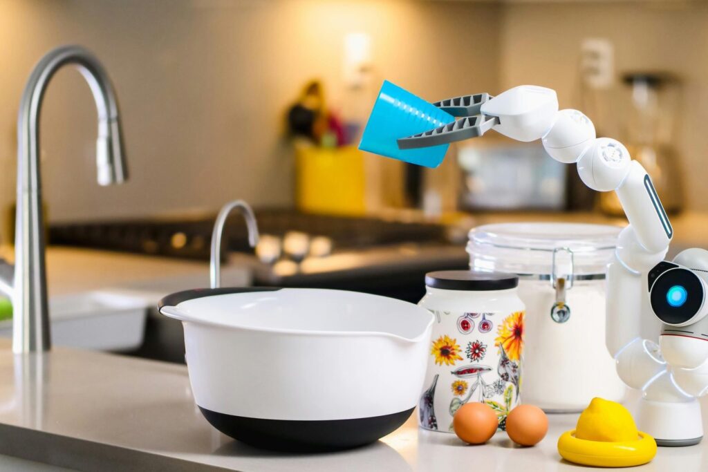 A robotic arm assists with mixing ingredients in a modern kitchen, showcasing advanced home technology.